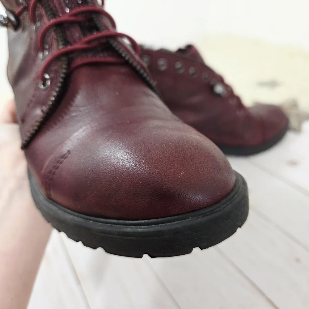 Gianni Bini Fire-worx Boots Spiced Wine Red Studded Skull Lace-up Gunmetal Sz 8